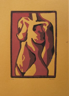 Linoldruck auf Papier mit abstrakter Darstellung Aktes in Blau, Ocker und Gelb